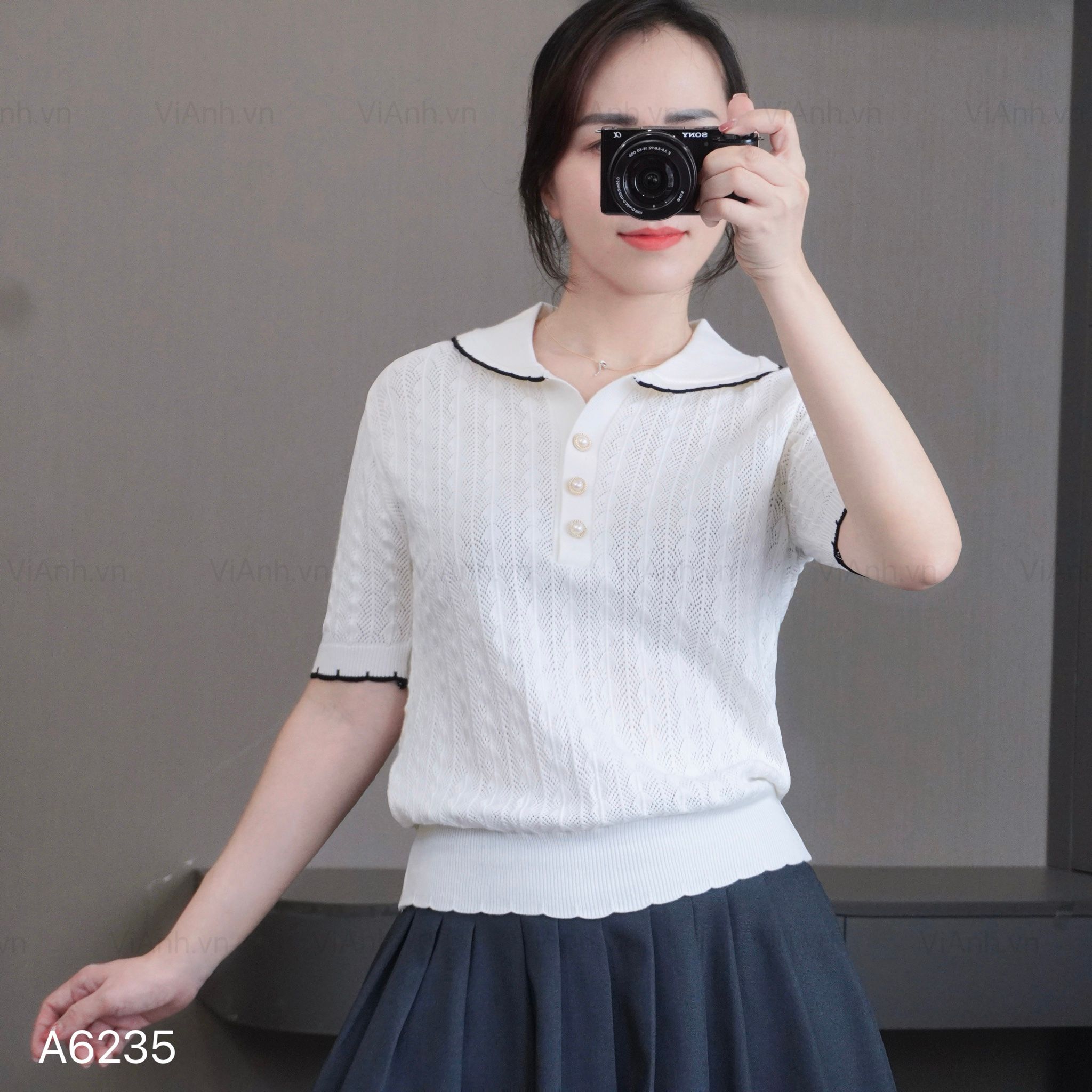 Áo A35 len có cổ style Hàn A6235 / TRẮNG