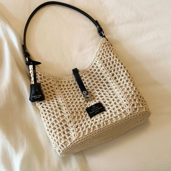 Túi xách C14 Chi0 phom vuông đan lưới 2 dây kèm CHR / 26x26 / TRẮNG KEM