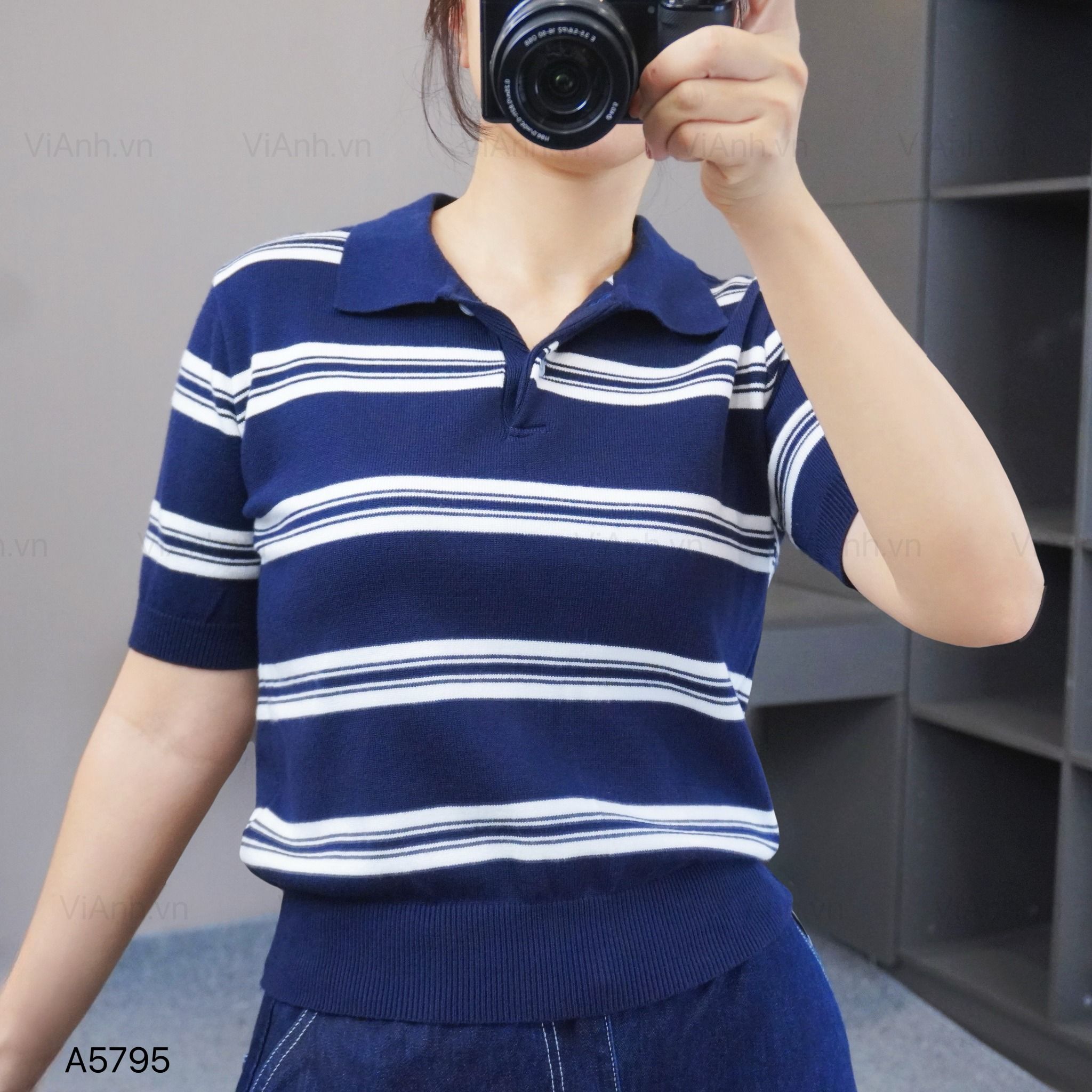 Áo H382 len ngắn tay có cổ A5795 / XANH KẺ TRẮNG