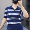 Áo H382 len ngắn tay có cổ A5795 / XANH KẺ TRẮNG