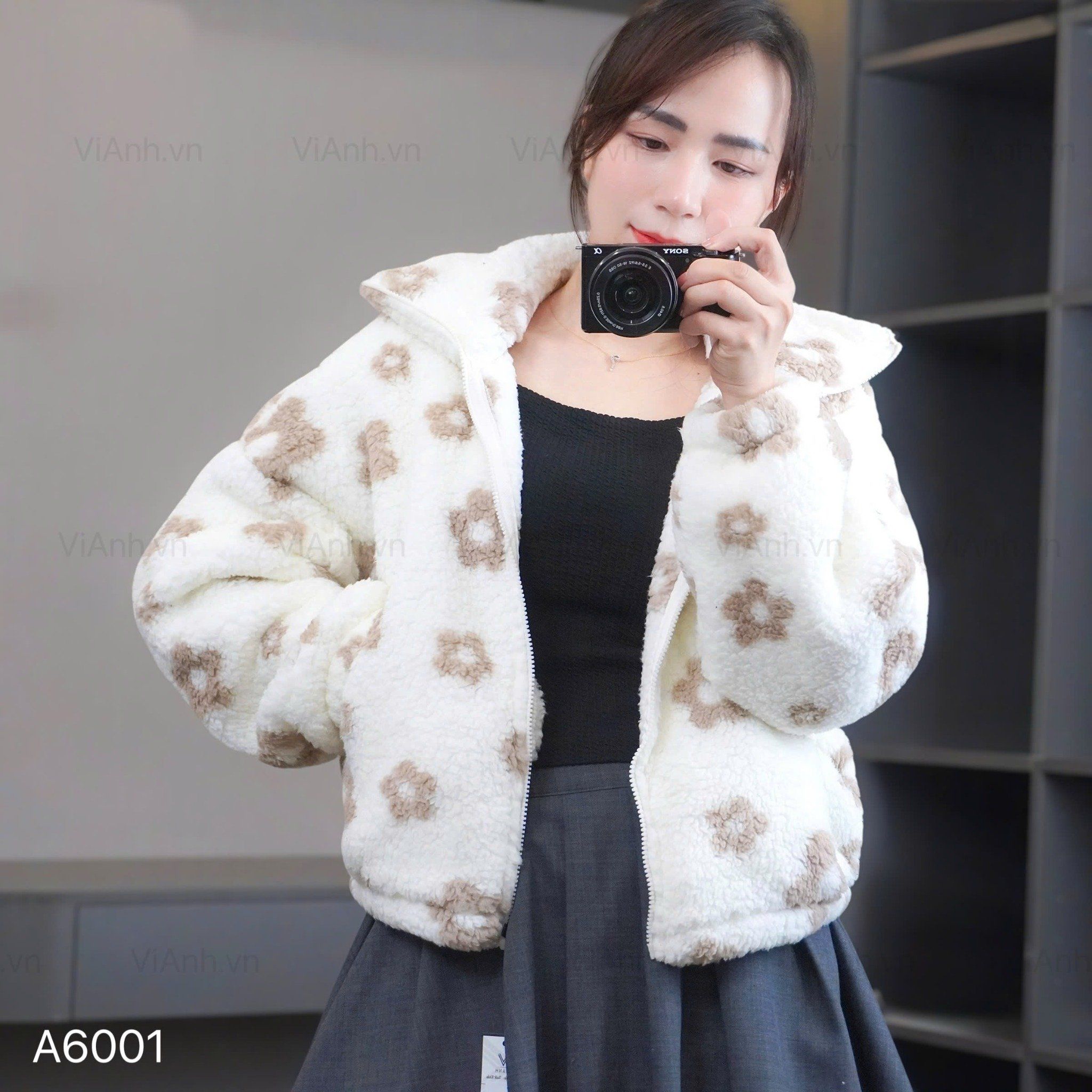 Áo khoác lông K1 cao cổ bo gấu style Hàn A6001 / TRẮNG HOA NÂU