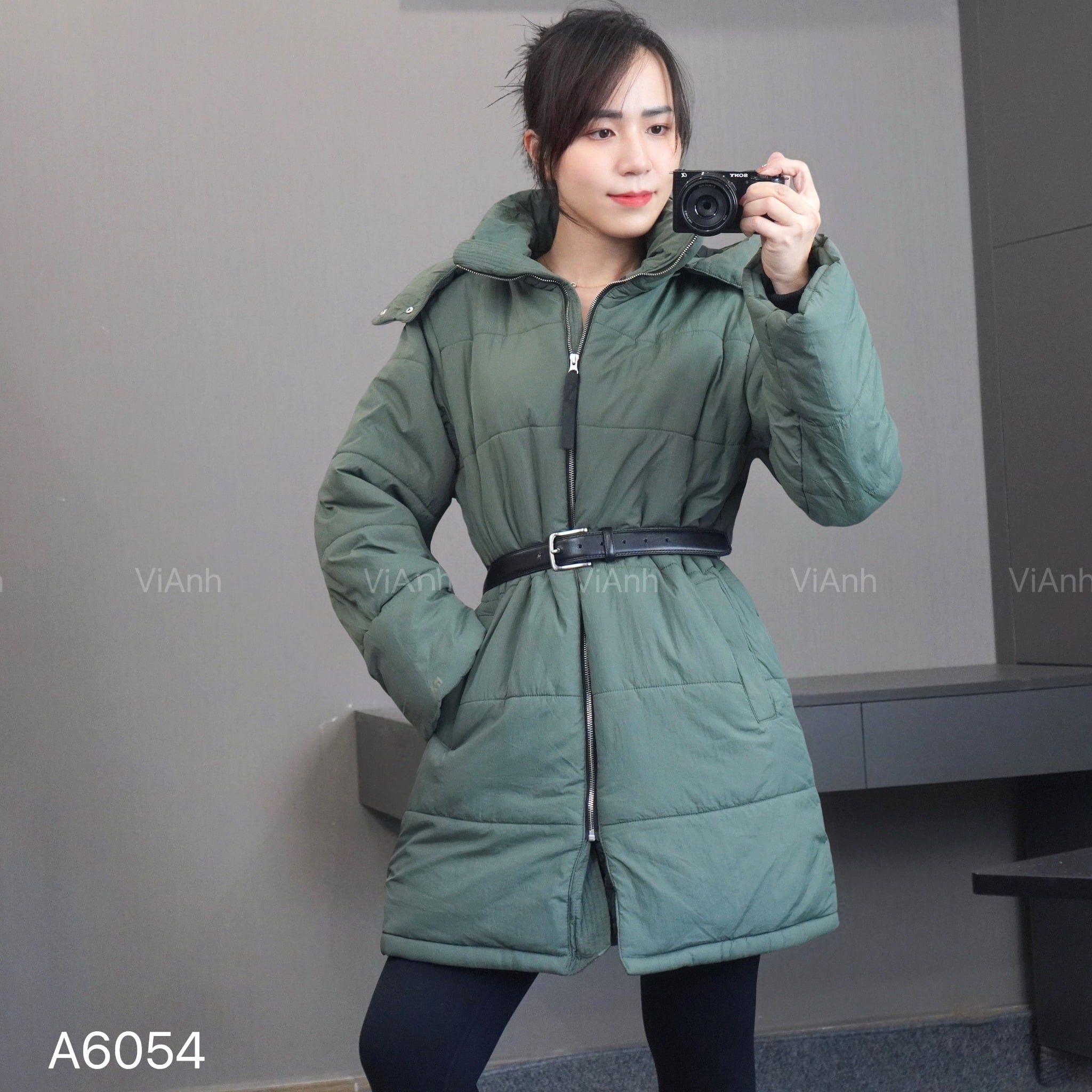 Áo khoác phao dáng dài kèm mũ FA style US / XANH ( không kèm belt)