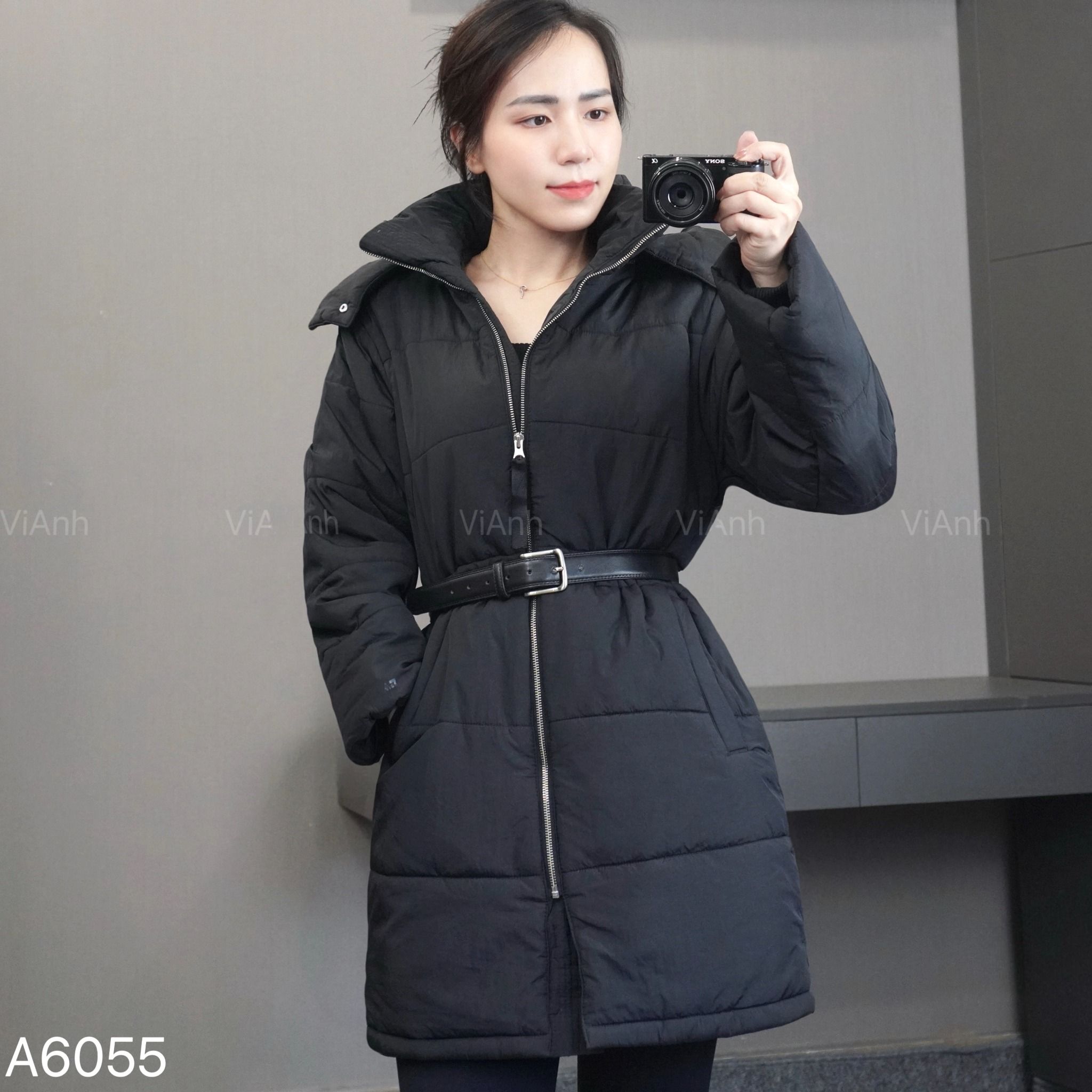 Áo khoác phao dáng dài kèm mũ FA style US / ĐEN ( ko kèm dây lưng)