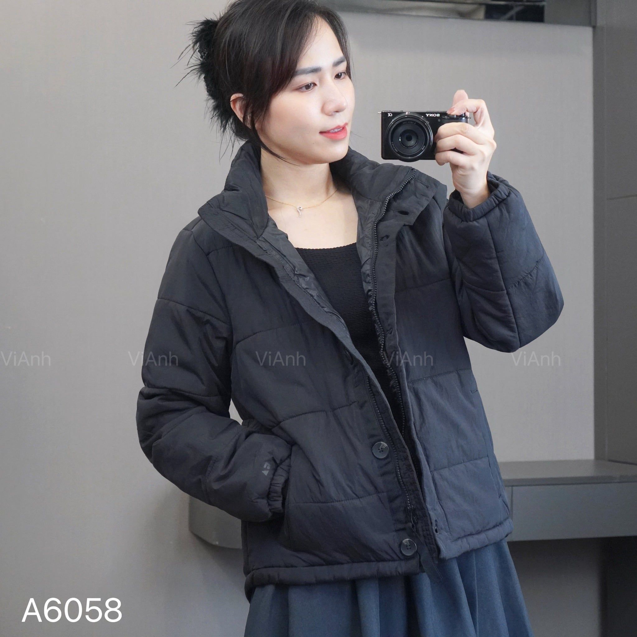 Áo khoác phao khoá kèm cúc FA style US / ĐEN