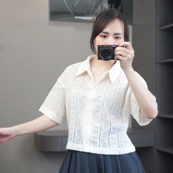Áo sơ mi ren A50 phom rộng xuất Nhật A6150 / KEM