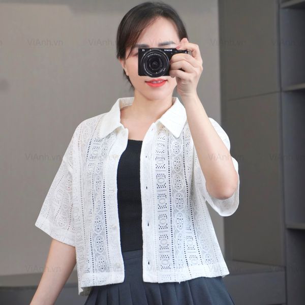 Áo sơ mi ren A51 phom rộng xuất Nhật A6151 / TRẮNG