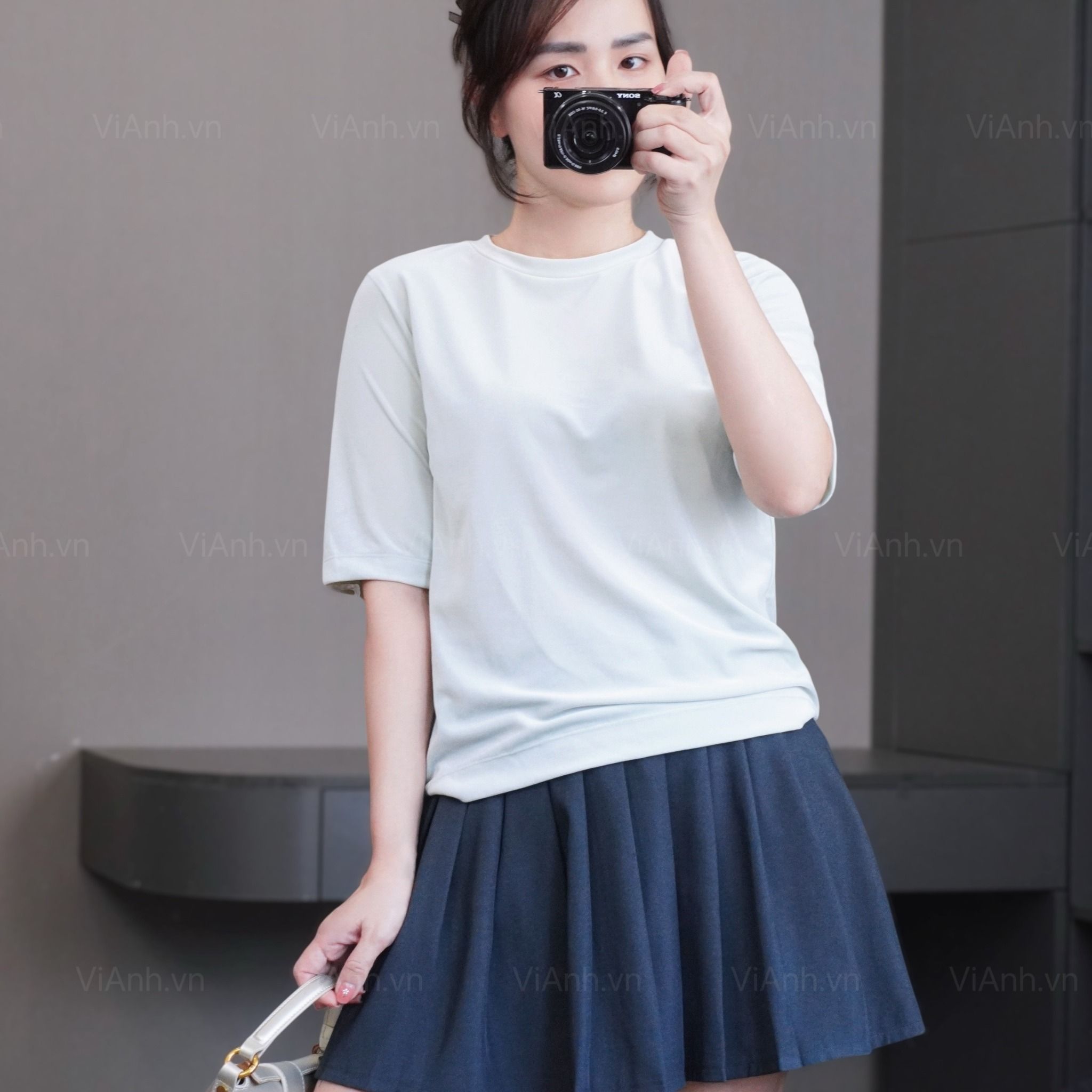 Áo tuyết nhung T32 ngắn tay style Nhật A6232 / XANH