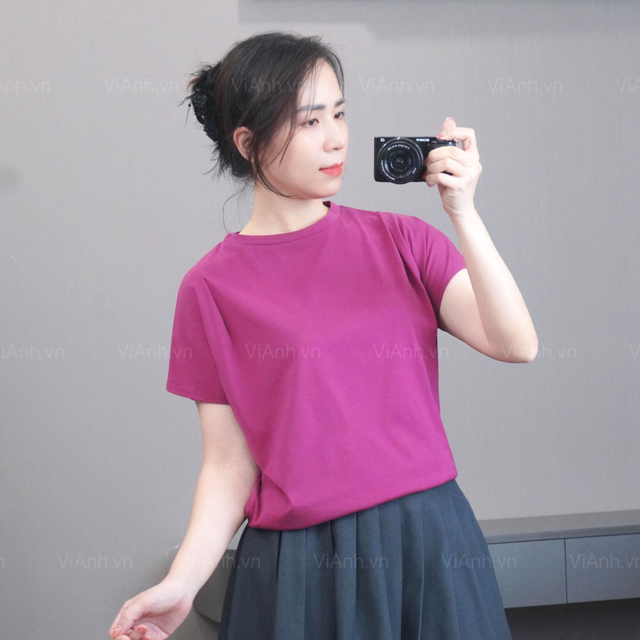 Áo C447 thun trơn tay chờm style Nhật A6247 / HỒNG