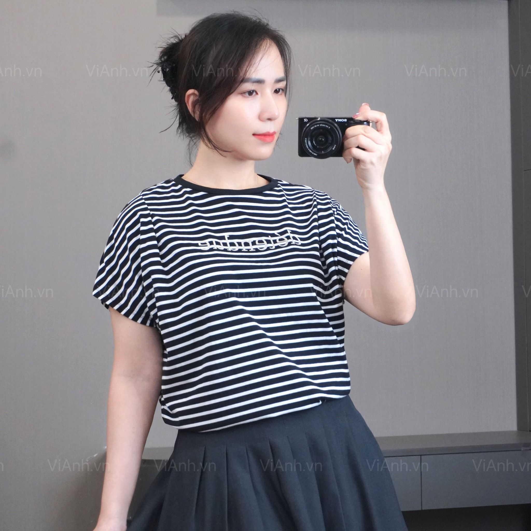 Áo A54 thun trơn tay chờm style Nhật A6254 / KẺ TRẮNG