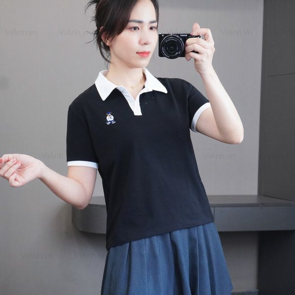 Áo A62 thun thêu gấu cổ polo style Nhật  A6262 / ĐEN CỔ TRẮNG