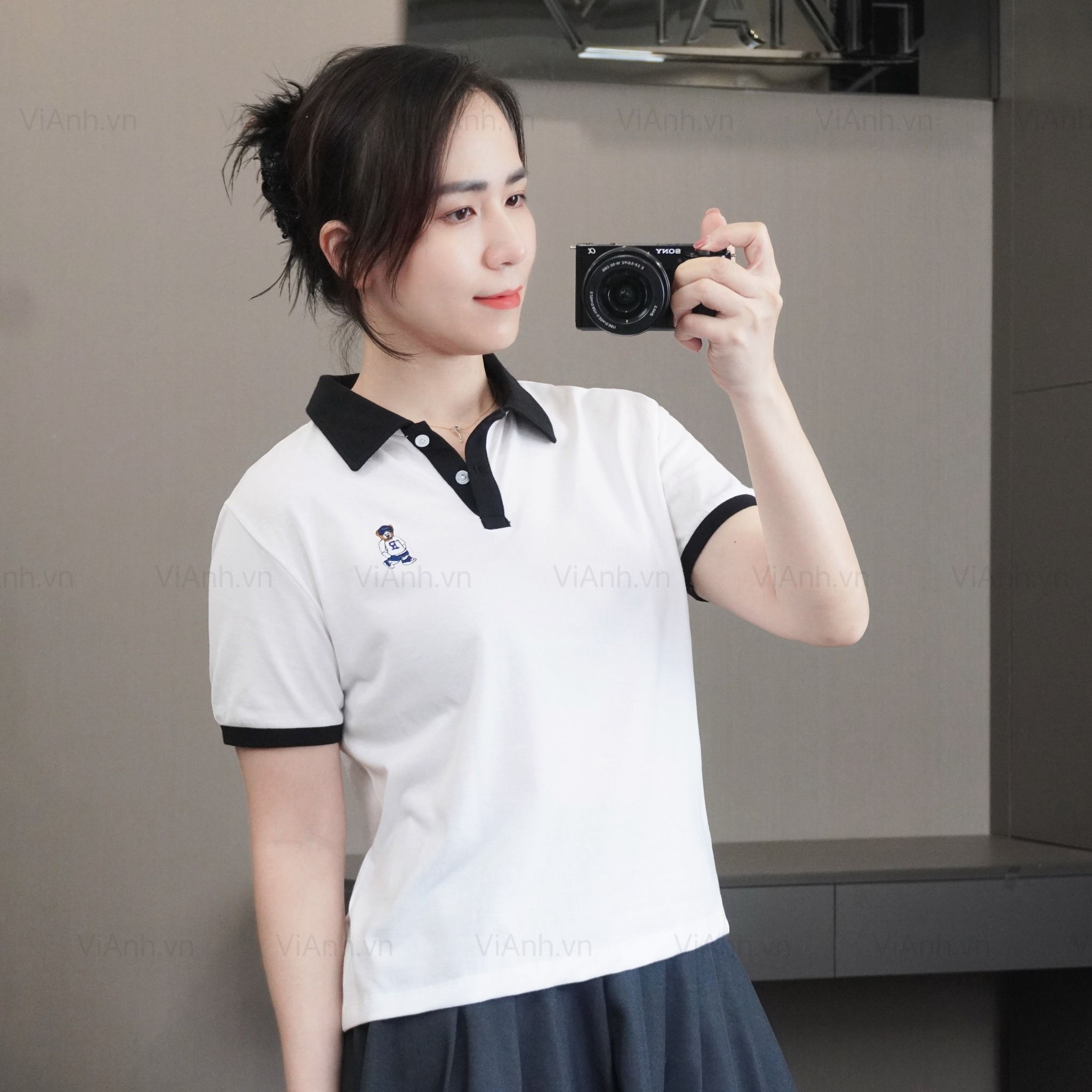 Áo C450 thun thêu gấu cổ polo style Nhật A6261 / TRẮNG CỔ ĐEN