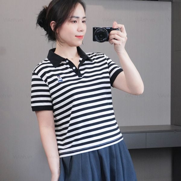 Áo A63 thun thêu gấu cổ polo style Nhật A6263 / KẺ TRẮNG ĐEN