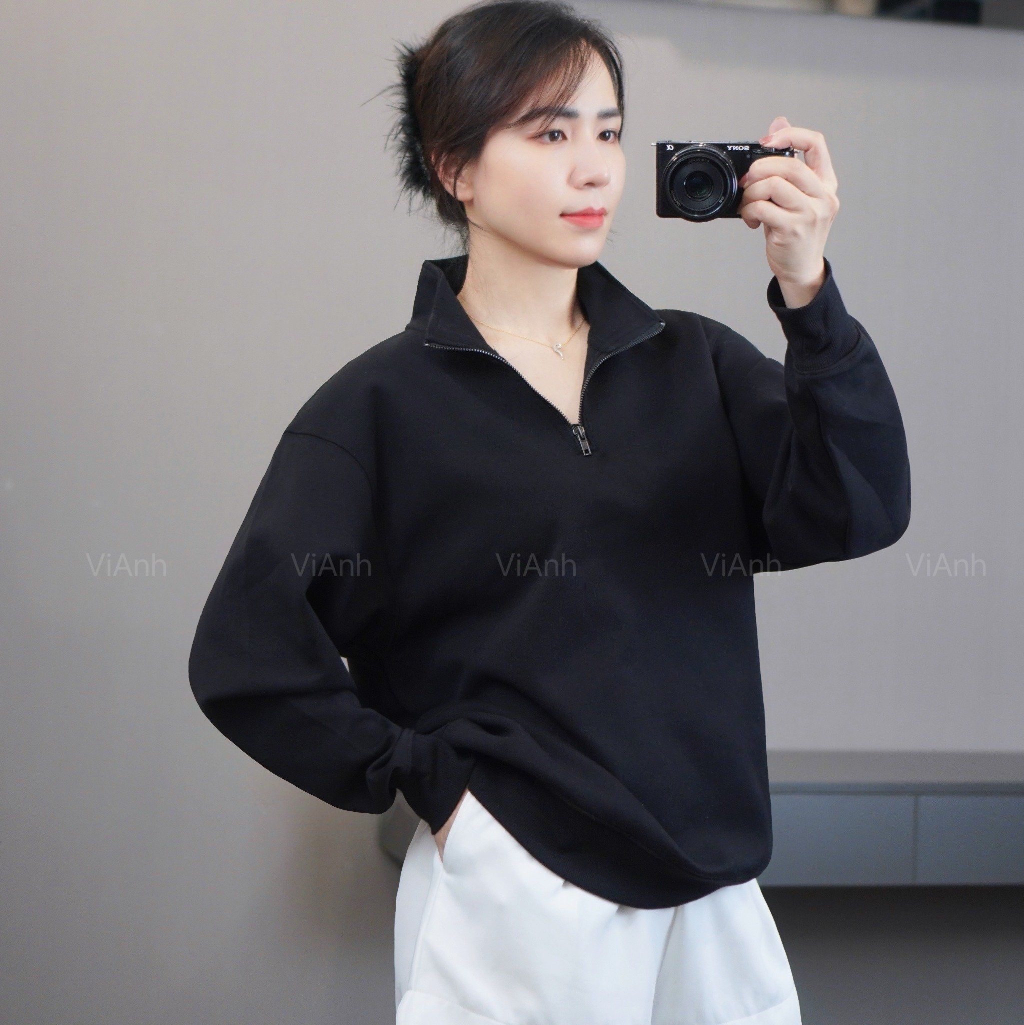 Áo A6 sweater có khoá kéo cổ xuất Âu A6336 /  ĐEN