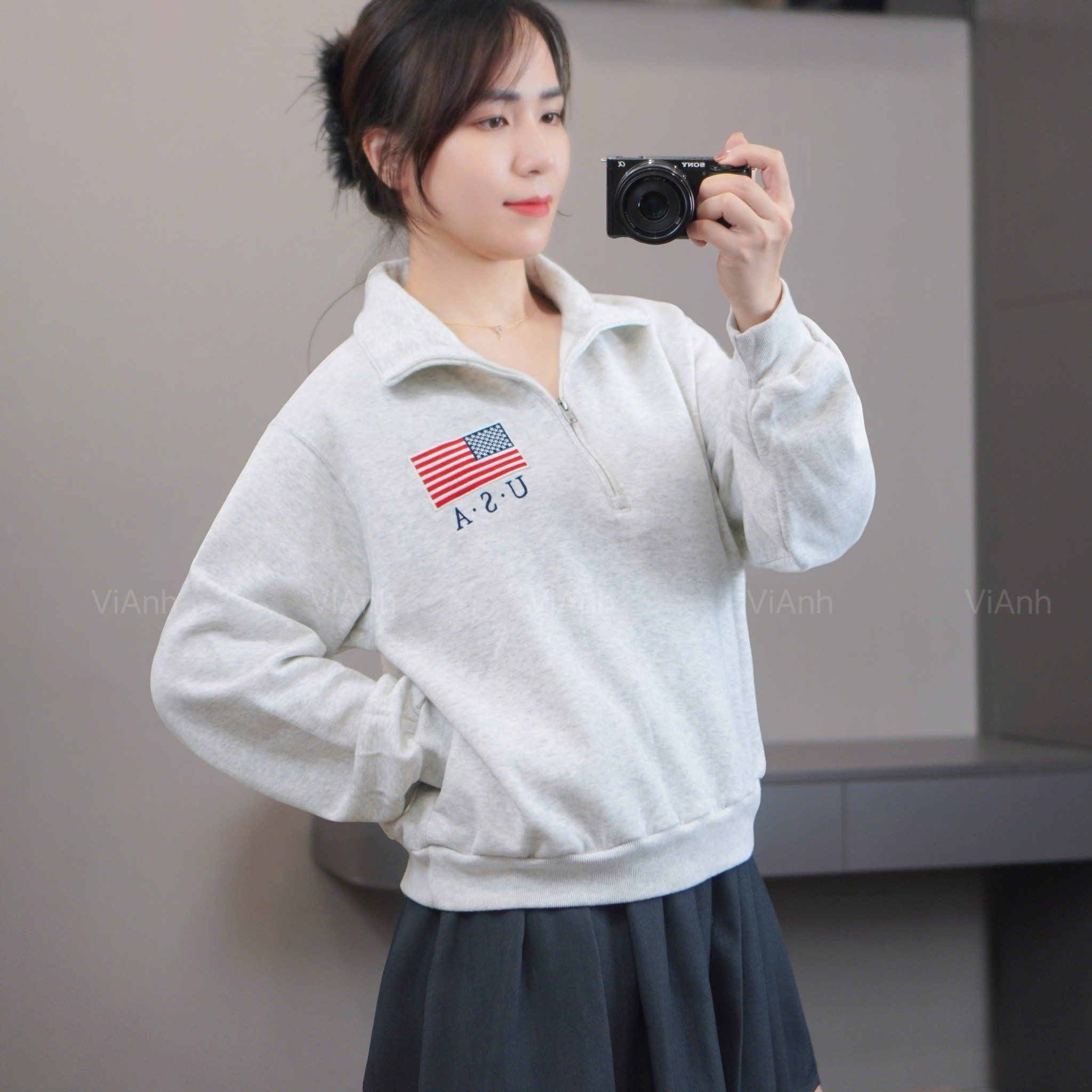 Áo nỉ khoá cổ V1 hình thêu cờ mĩ style US A6345 / XÁM TRẮNG