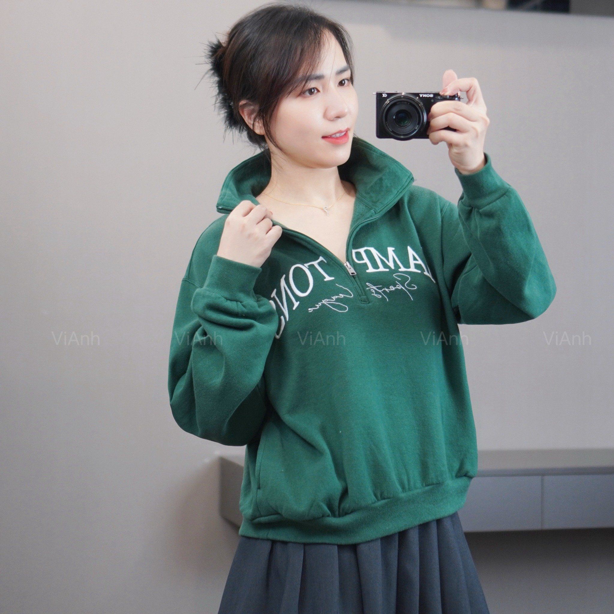 Áo nỉ khoá cổ V2 hình thêu chữ HAMP TONS style US A6346 / XANH LÁ