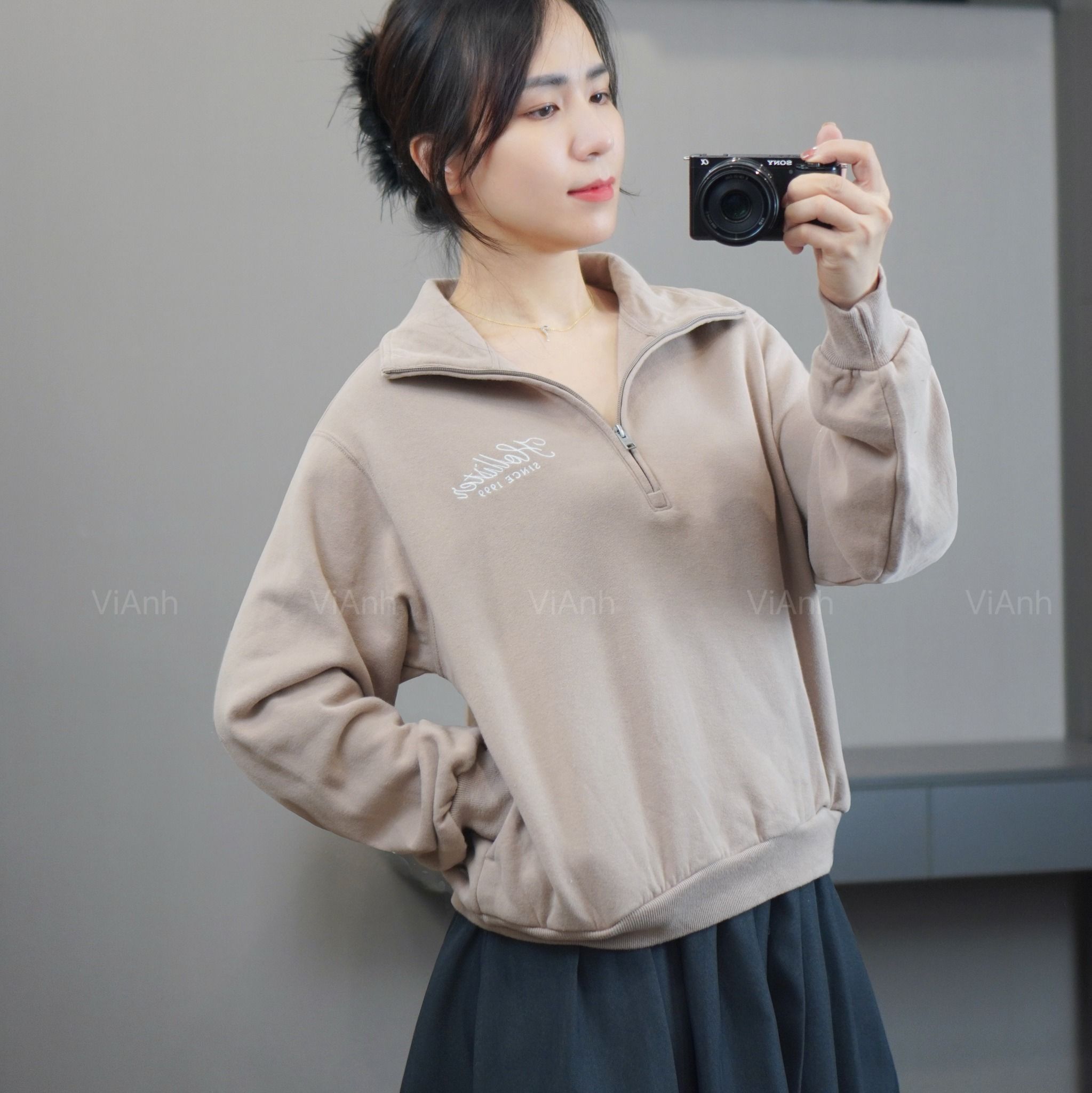 Áo nỉ V7 khoá cổ chữ thêu 1999 style US A6352 / NÂU