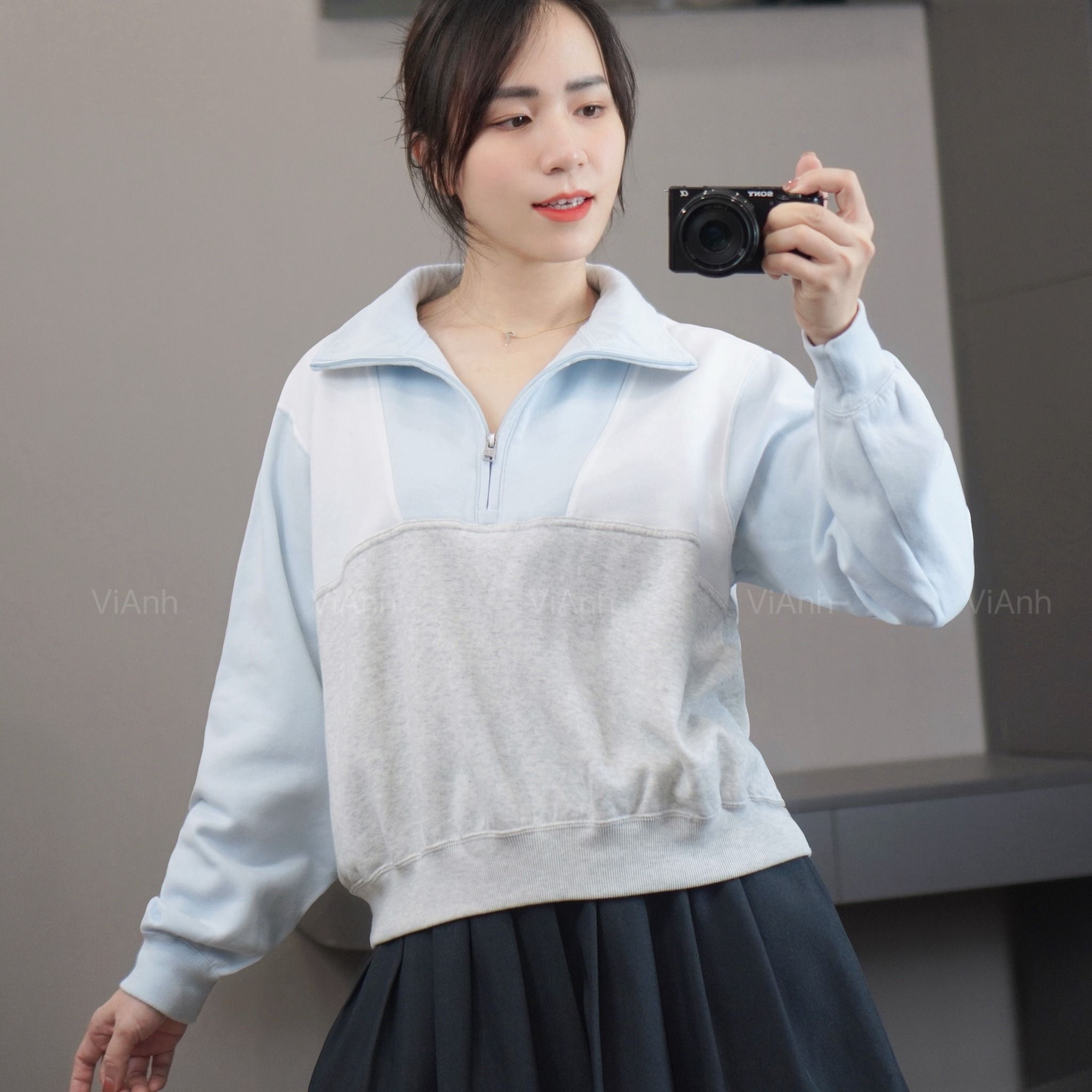 Áo nỉ V17 khoá cổ phối màu style US A6363 / XANH TRẮNG PHỐI XÁM