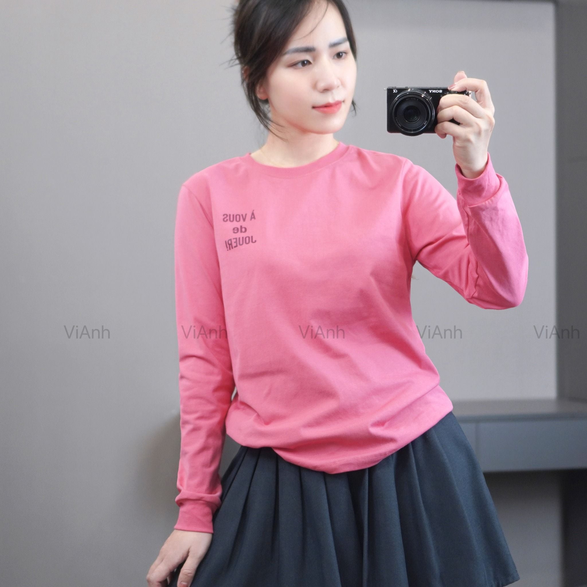 Áo thun dài tay in chữ style Hàn ( A90 - Hồng / A91 - Xanh )