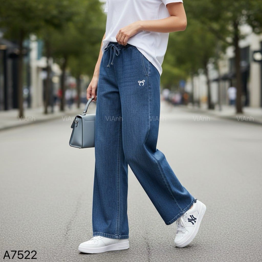 Quần bò jeans ống suông thêu nơ style US UK Q22
