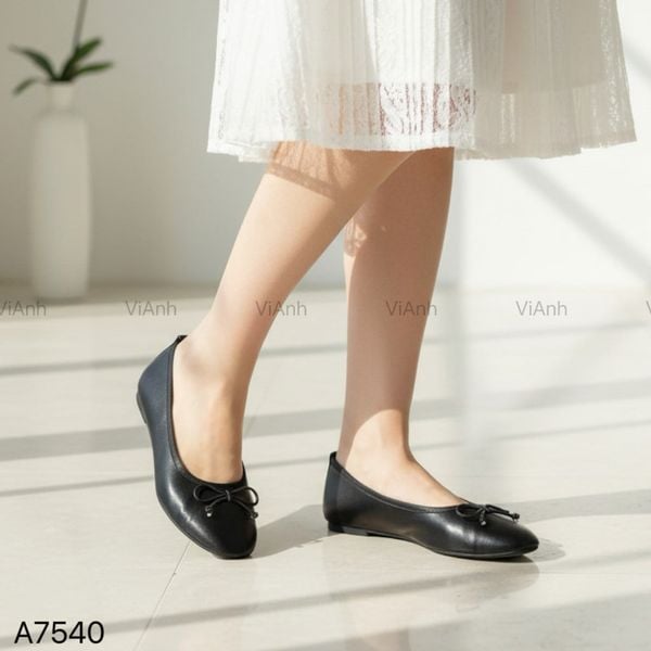 Giày bệt đính nơ da mềm / ĐEN