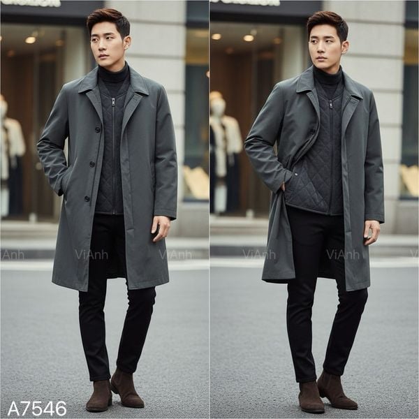 Áo khoác dáng dài ( set 2 lớp ) style Hàn / Xanh Xám D46