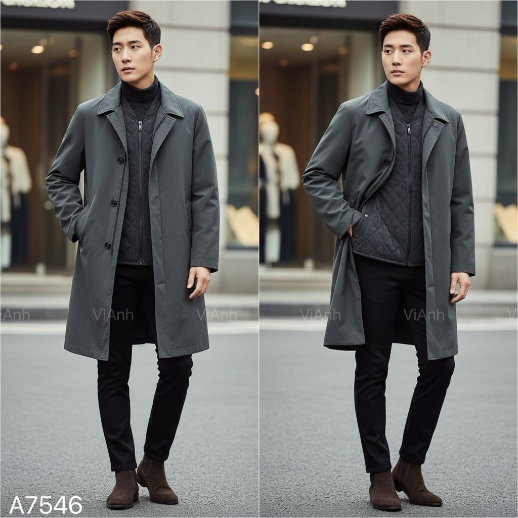 Áo khoác dáng dài ( set 2 lớp ) style Hàn / Xanh Xám D46