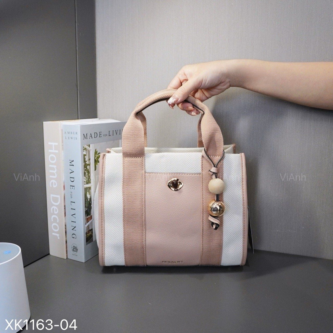 Túi xách H63 xuất Âu chữ nhật xách tay vải canvat CHR KĐC XK1163 / 26x22 / TRẮNG PHỐI HỒNG