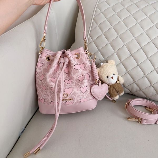 Túi S61 xách tay Happy Heart 2 dây, CHR, dây rút miệng S61-04 / m23 đ17 c19 / HỒNG
