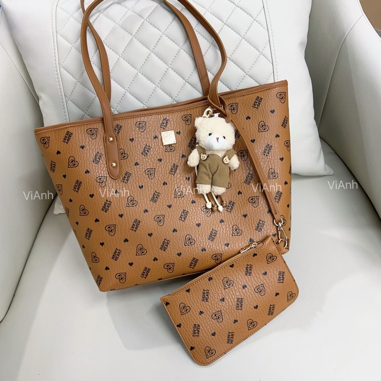 Túi S44N tote Happy Heart kèm ví, CHR S44-18 / m42 đ32 c28 / NÂU BÒ