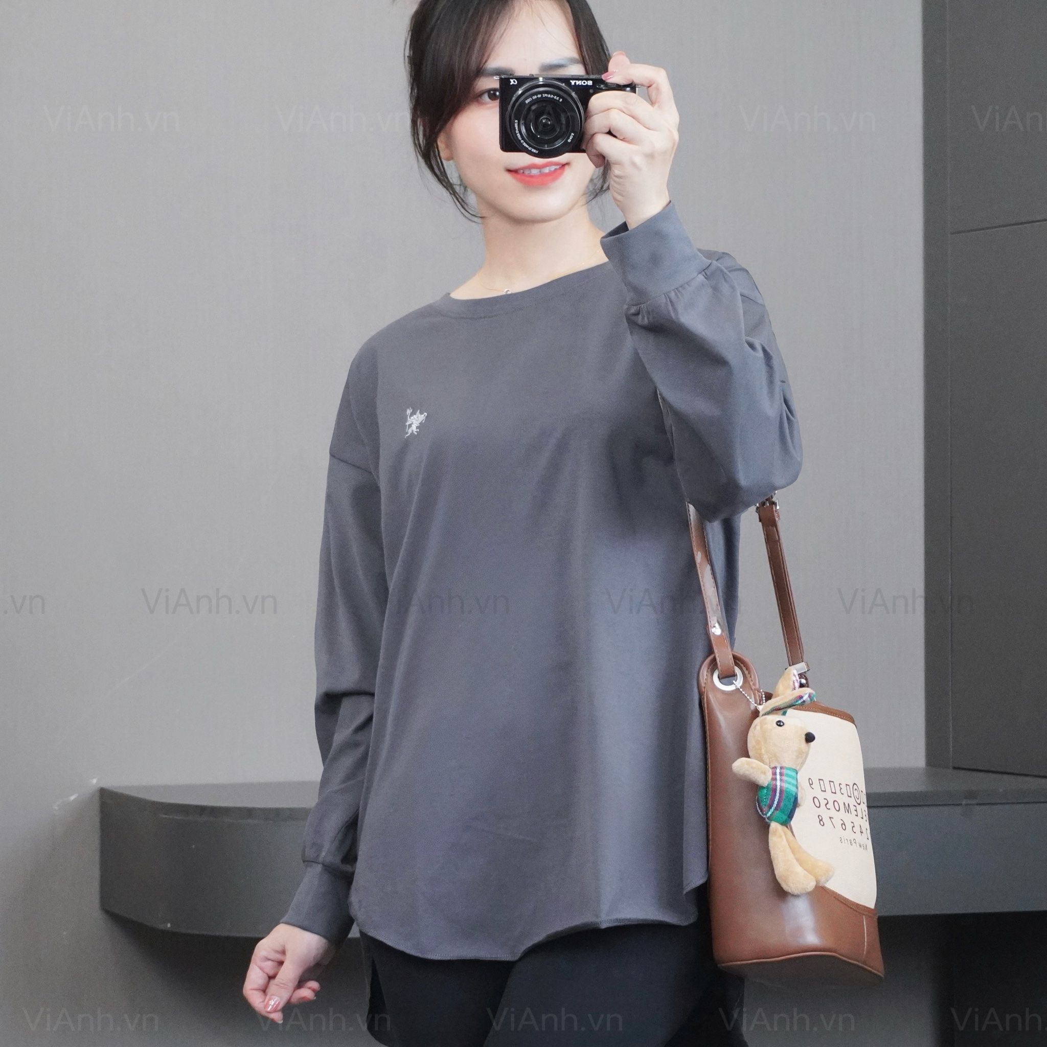 Áo thun A21 phom rộng dài tay style Nhật A6221 / GHI