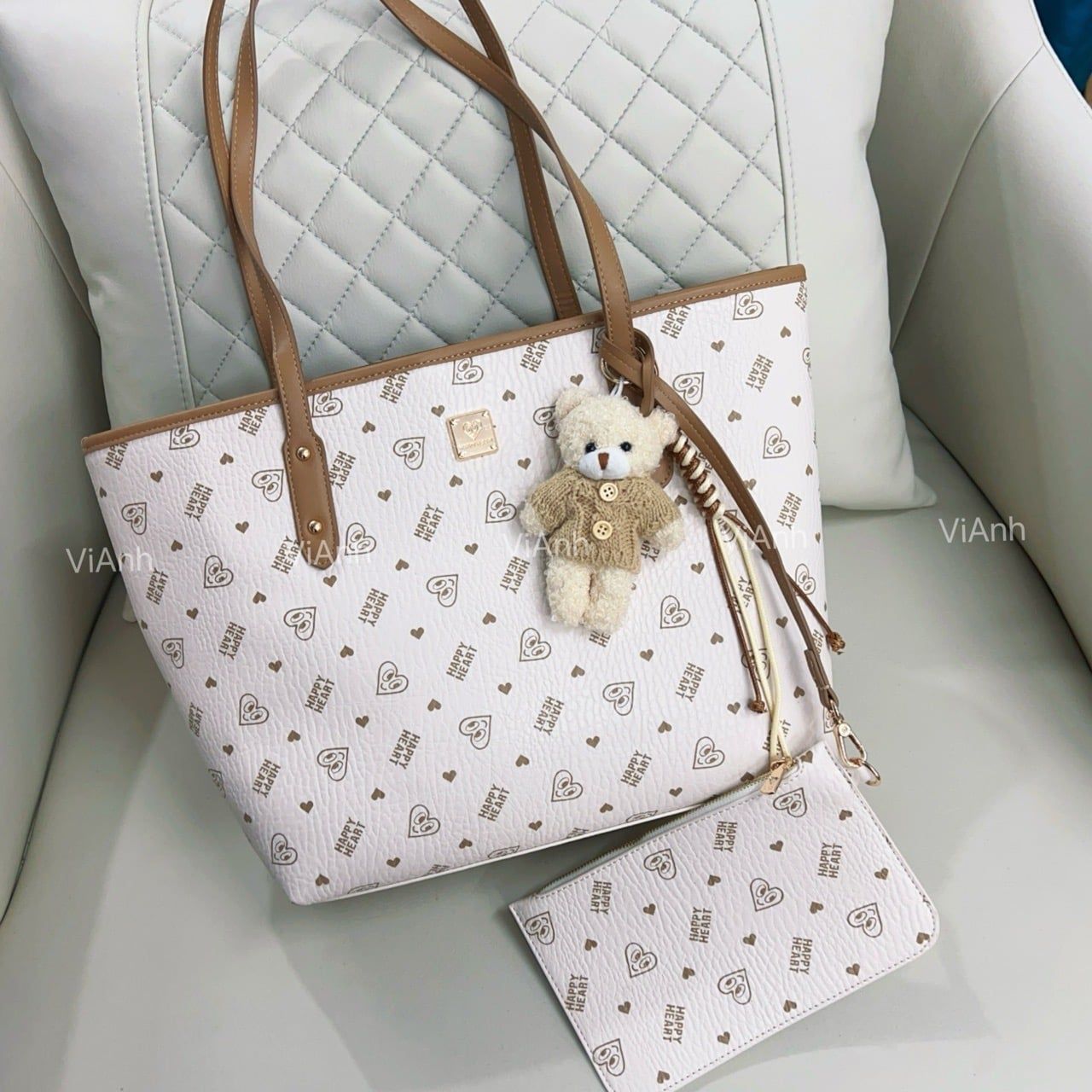 Túi S44T tote Happy Heart kèm ví, CHR S44-48 / m42 đ32 c28 / TRẮNG KEM