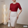 Áo dệt kim ngắn tay cổ kẻ style Hàn / ĐỎ