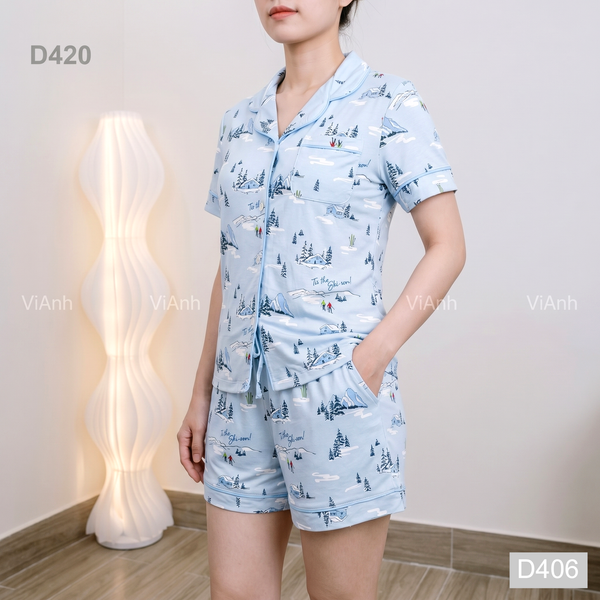 Bộ ngủ ngắn tay siêu mát Vic / XANH CÂY THÔNG