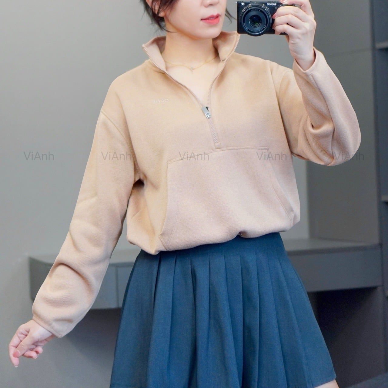 Áo len bông khoá cổ style Âu Mỹ / H58 Nâu - H59 Trắng kem