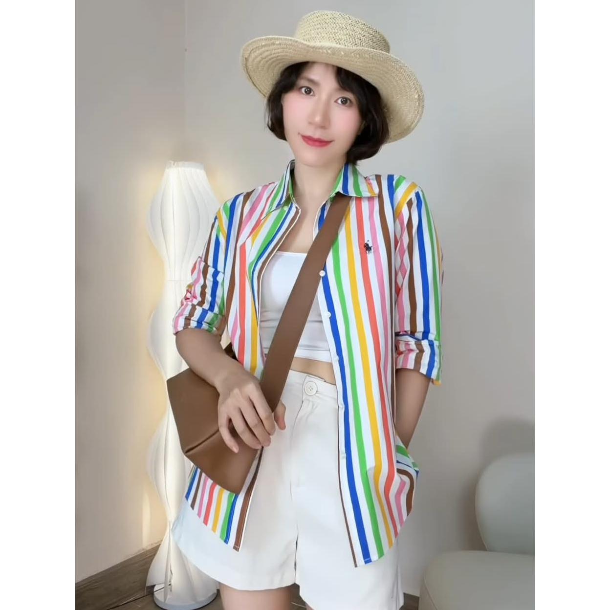 Áo sơ mi dài tay cotton modal kẻ màu sắc D970