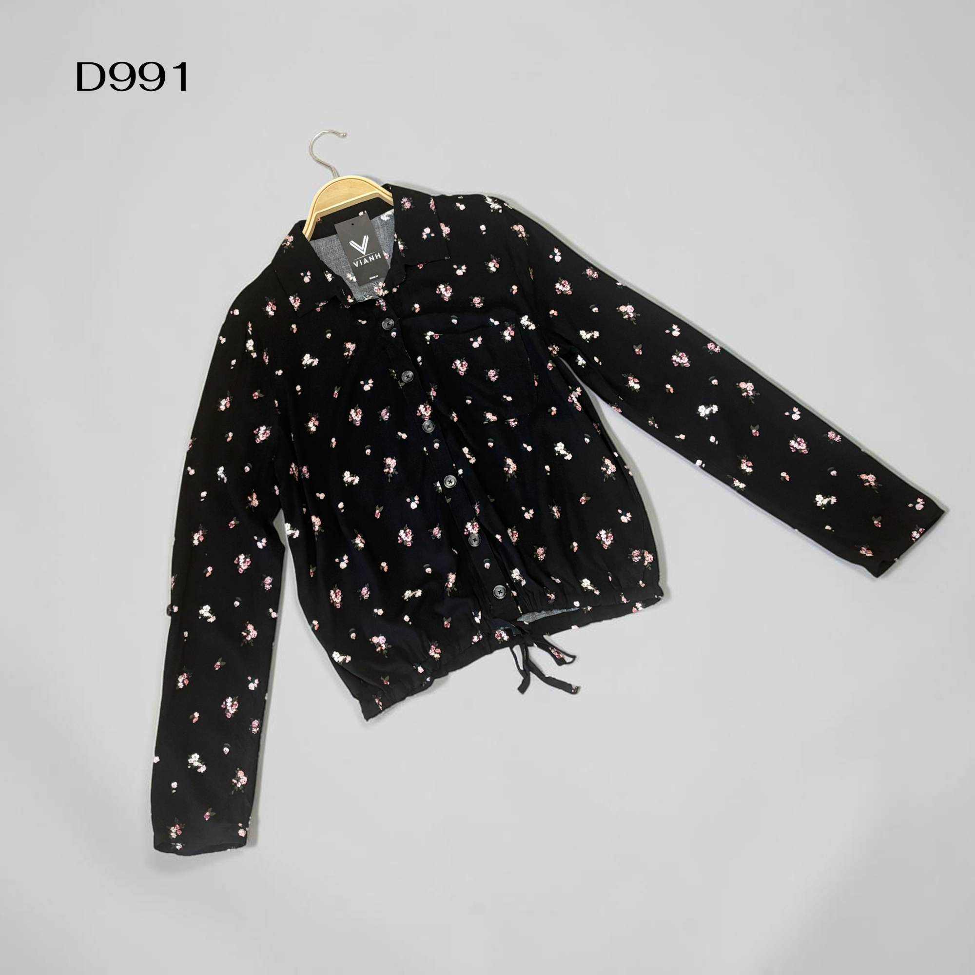 Áo sơ mi bo gấu style US D991 / ĐEN HOA