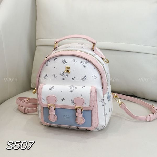 Balo hoạ tiết gấu Teddy S507 / 22 x 24 / TRẮNG XANH VIỀN HỒNG