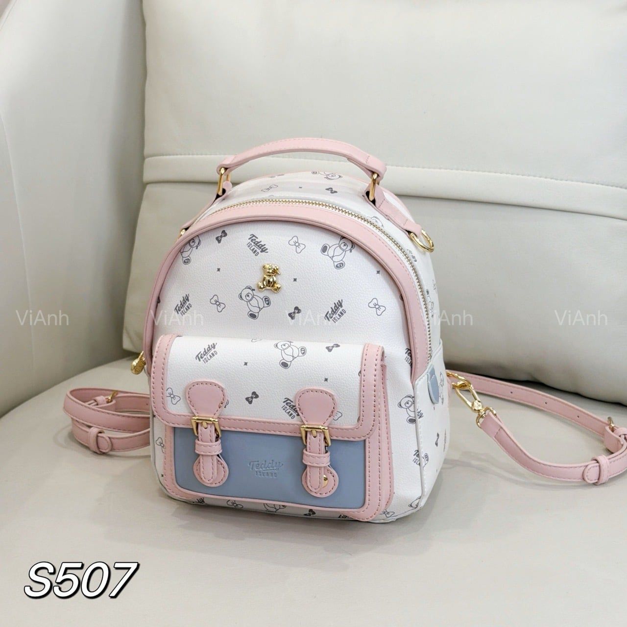 Balo hoạ tiết gấu Teddy S507 / 22 x 24 / TRẮNG XANH VIỀN HỒNG