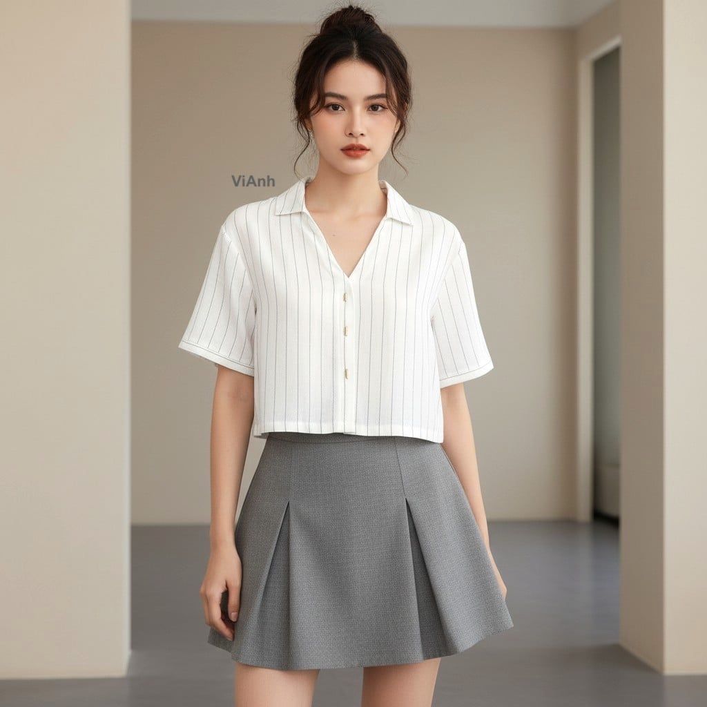 Áo ngắn tay croptop Style Âu Mỹ F548 / TRẮNG KẺ