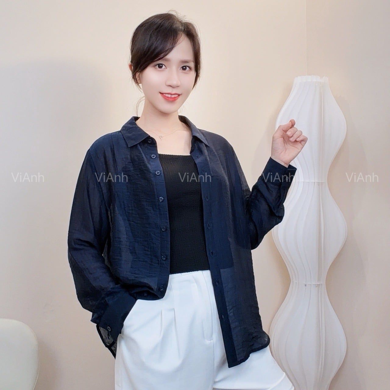 Áo sơ mi vải tơ style Hàn D305 / XANH ĐẬM