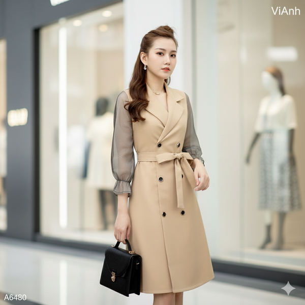 Đầm Vest tay lửng phồng V0168  màu kem
