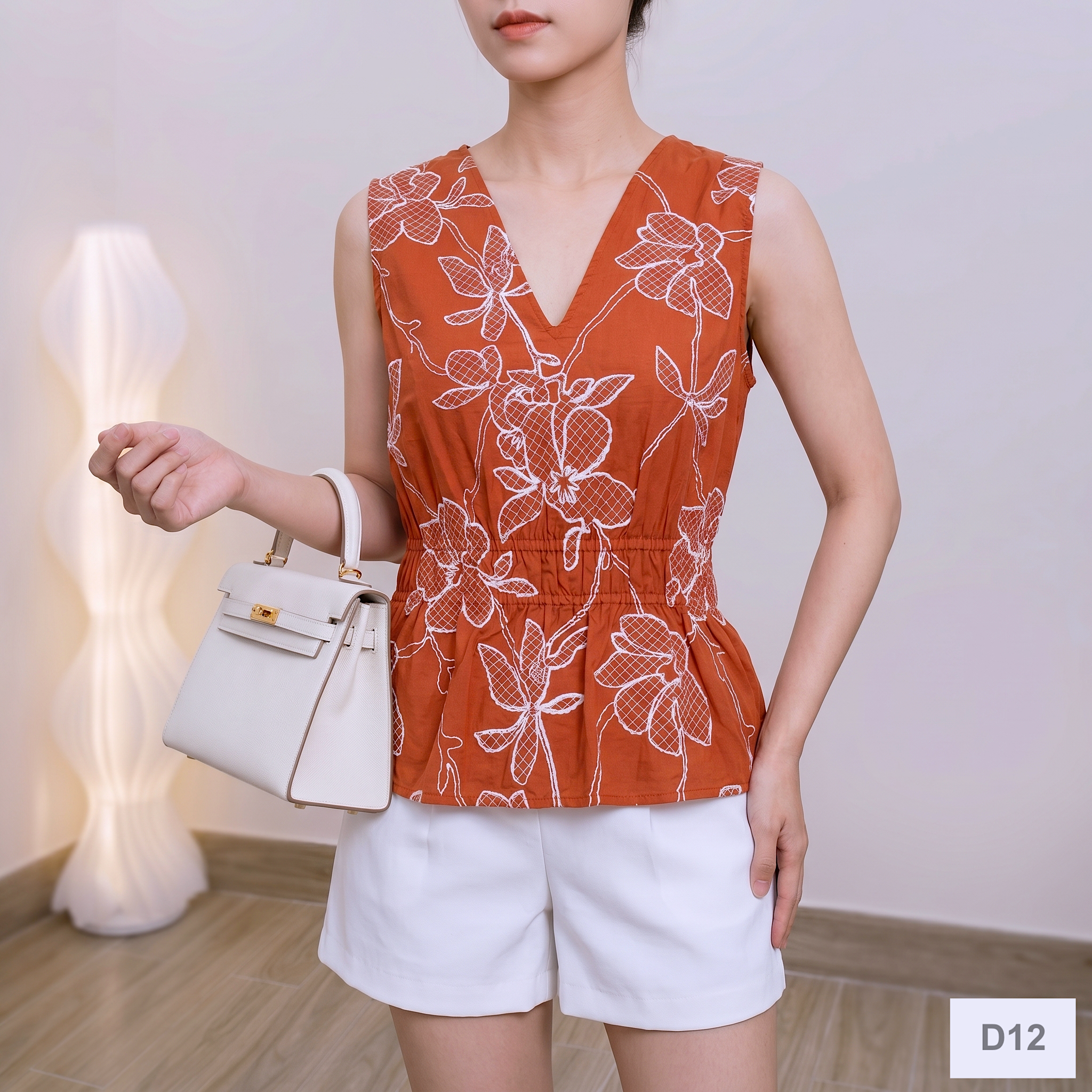 Áo D12 sát nách thêu hoa style US UK ĐỎ CAM
