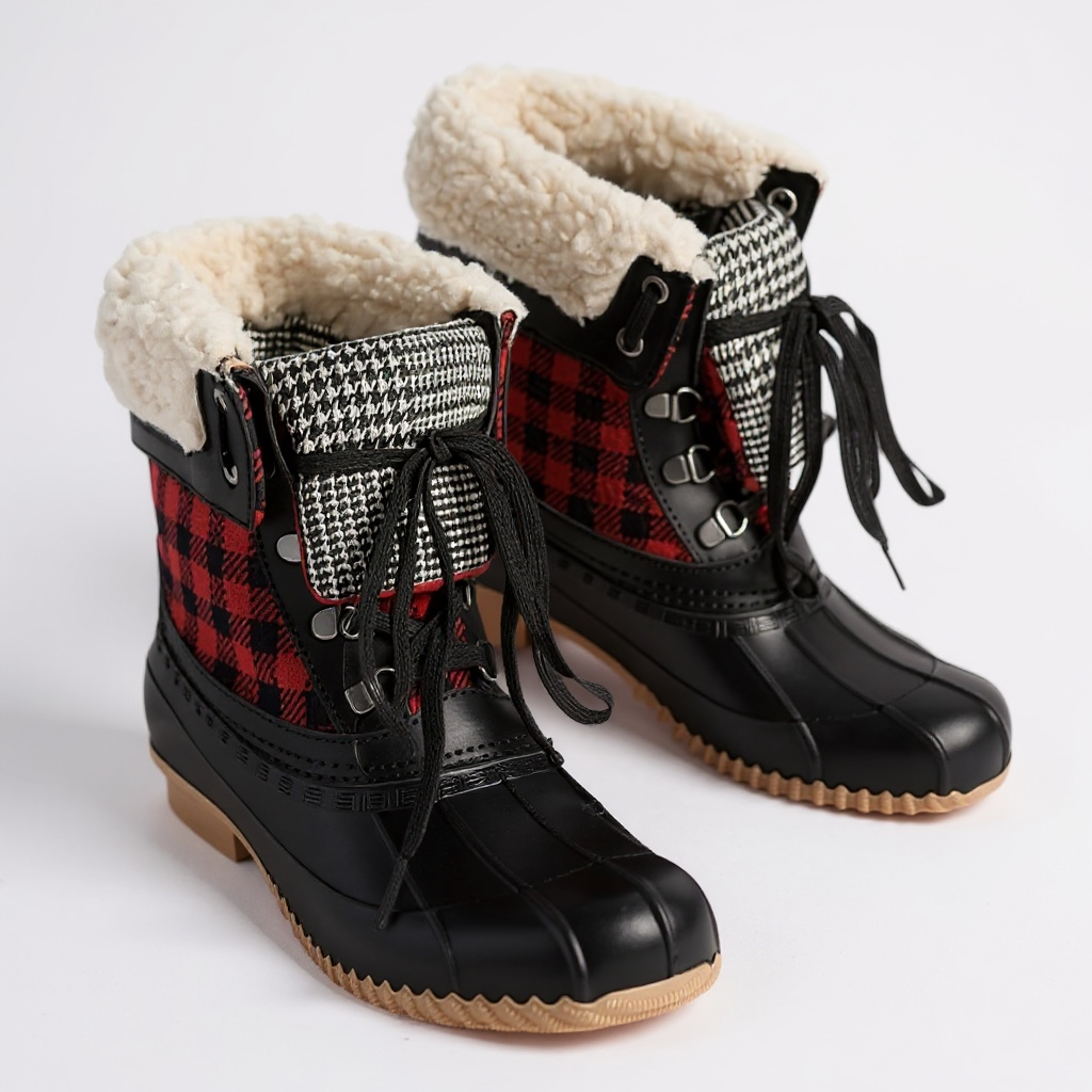 Giày boot style US UK / Size: 36.5 / ĐEN CARO ĐỎ