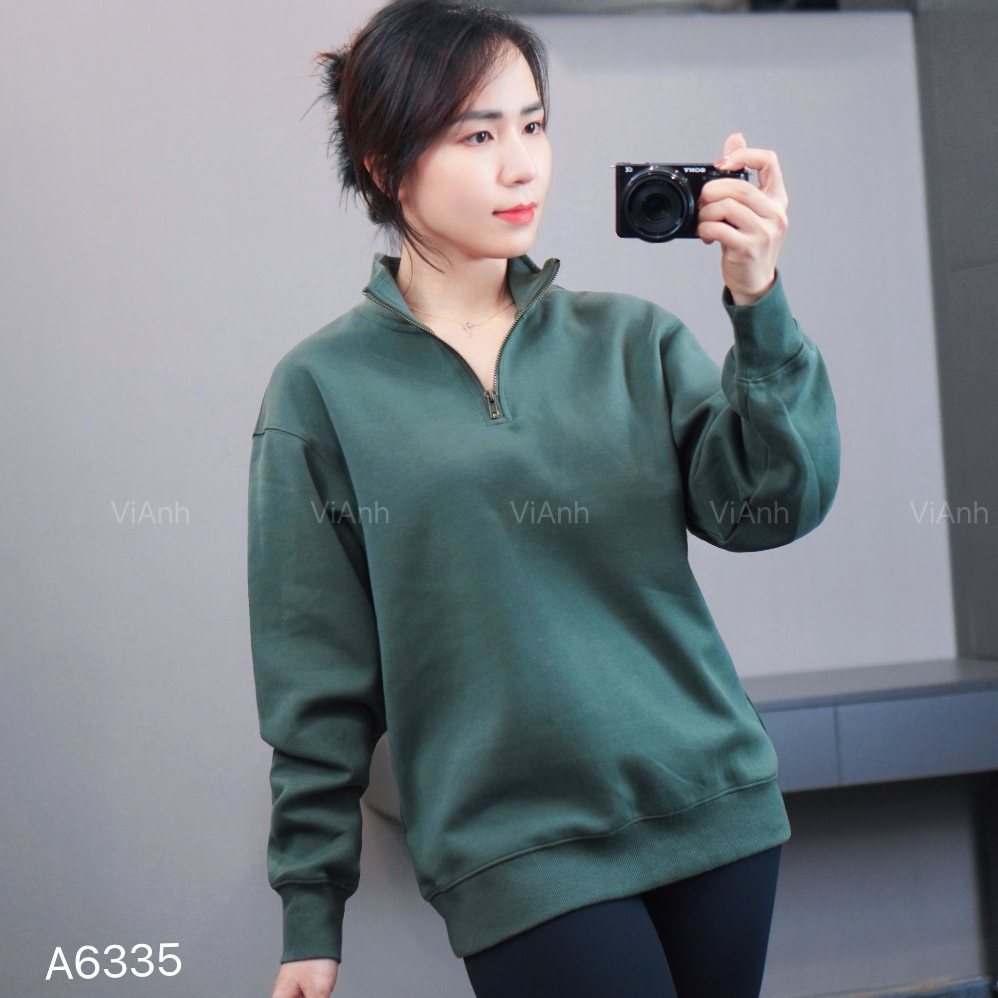 Áo A5 sweater có khoá kéo cổ xuất Âu A6335 /  XANH LÁ