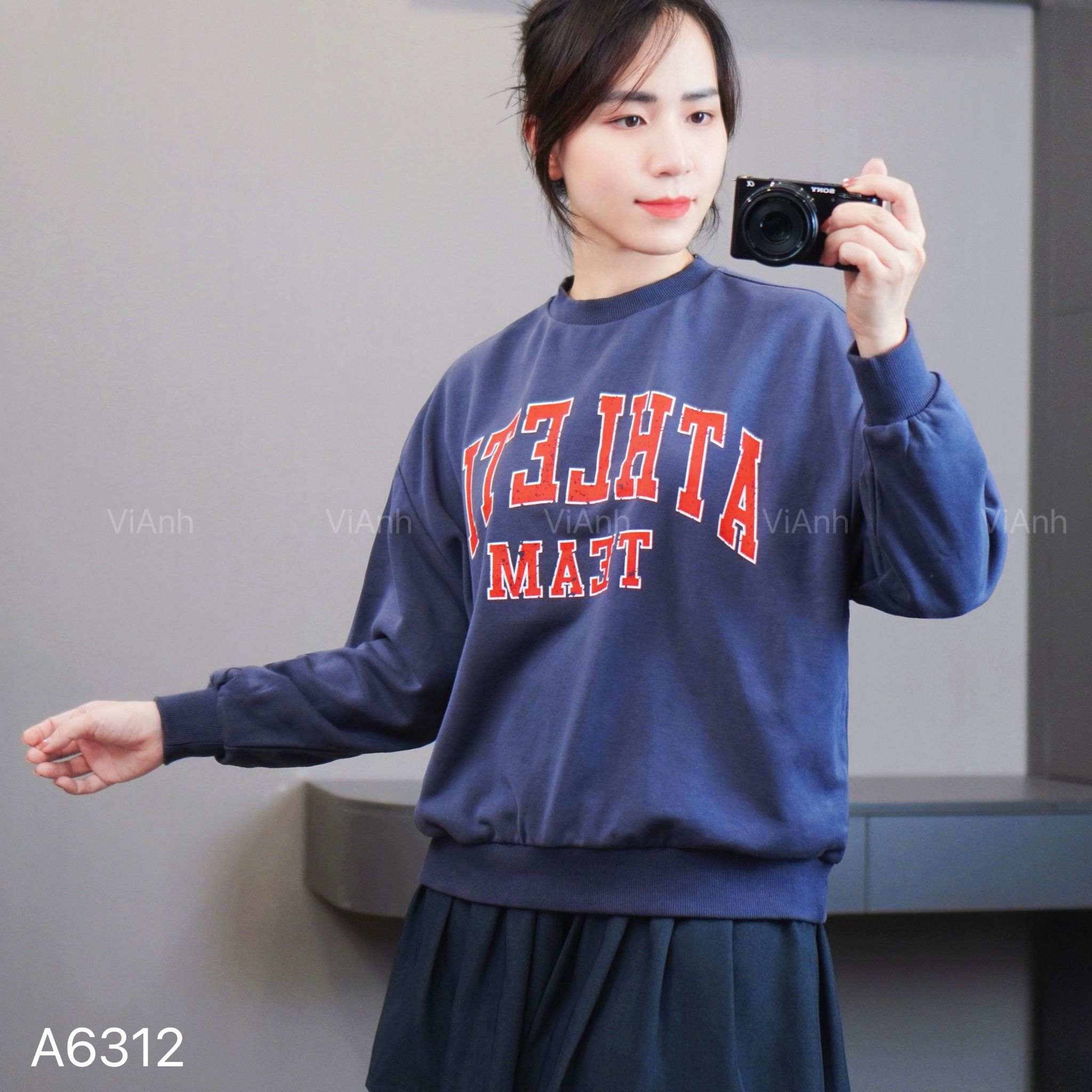 Sweater dài tay in chữ ngực style Âu GJ / XÁM XANH