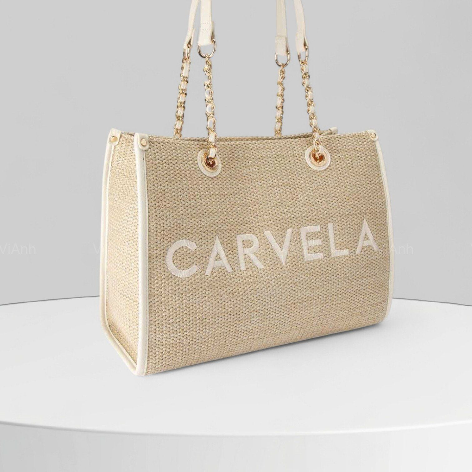 Totebag X54xuất Âu chữ nhật khoác vai cói phối da thêu chữ XK1154 / 40x32 / BE VIỀN TRẮNG