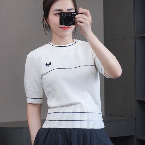 Áo len A70 ngắn tay thêu nơ style Hàn A6170 / TRẮNG