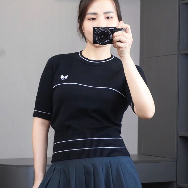 Áo len A69 ngắn tay thêu nơ style Hàn A6169 / ĐEN