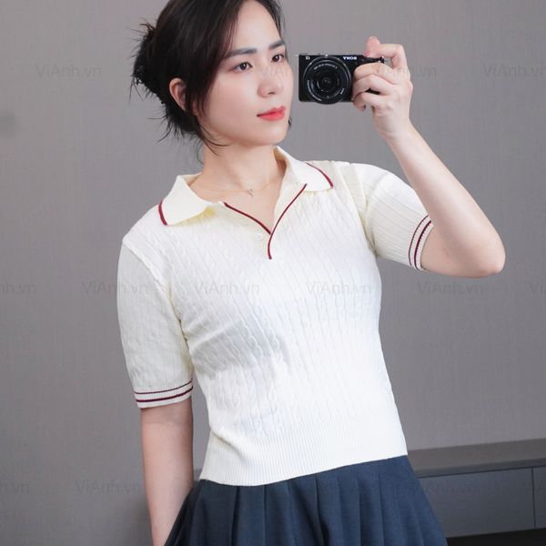 Áo len T65 ngắn tay có cổ style Hàn / KEM VIỀN NÂU