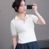 Áo len T65 ngắn tay có cổ style Hàn / KEM VIỀN NÂU
